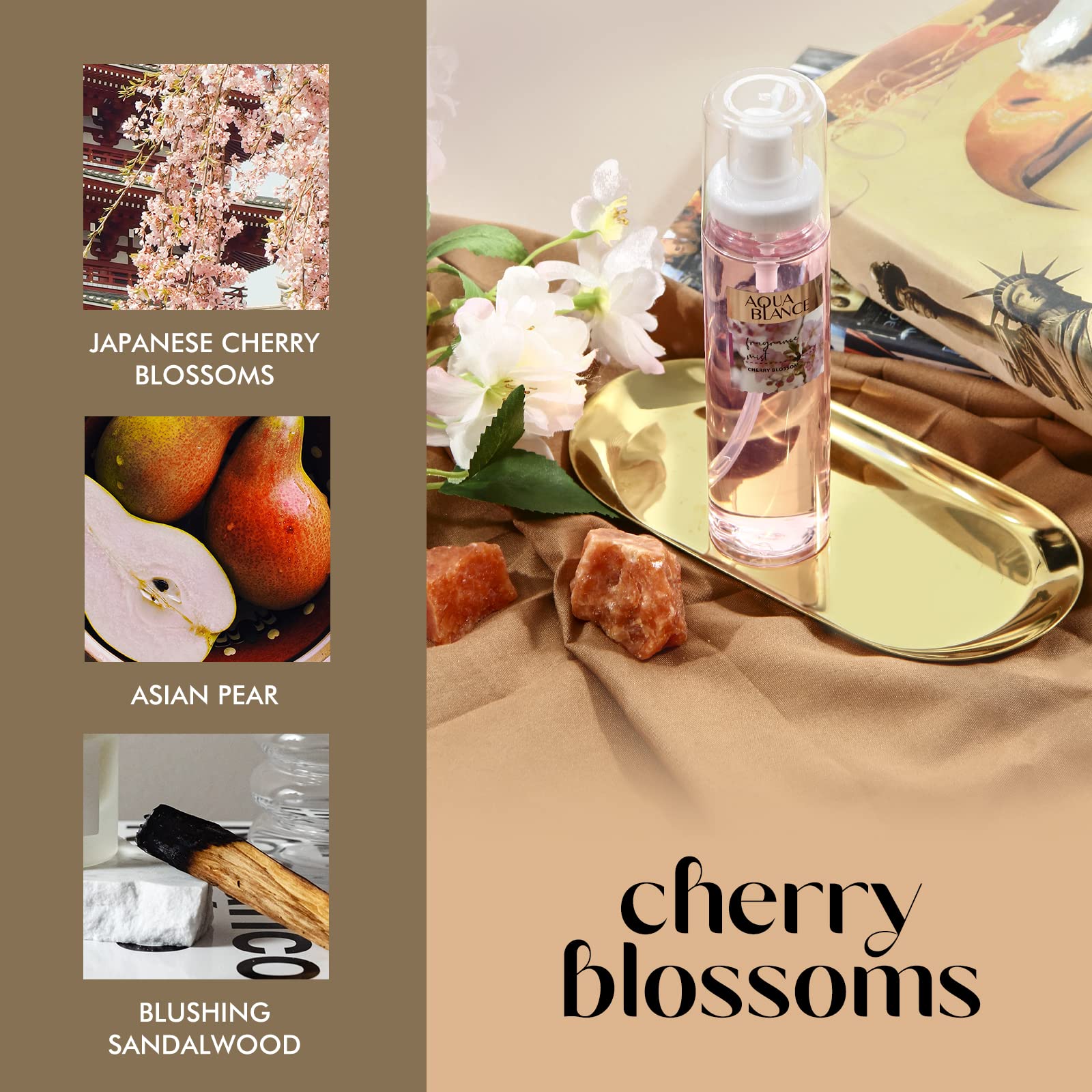 Aqua Blance cherry blossom fragrance mist scene illustrating gentle, uplifting floral notes.