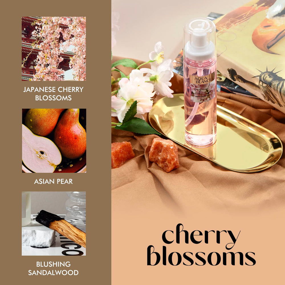 Aqua Blance cherry blossom fragrance mist scene illustrating gentle, uplifting floral notes.
