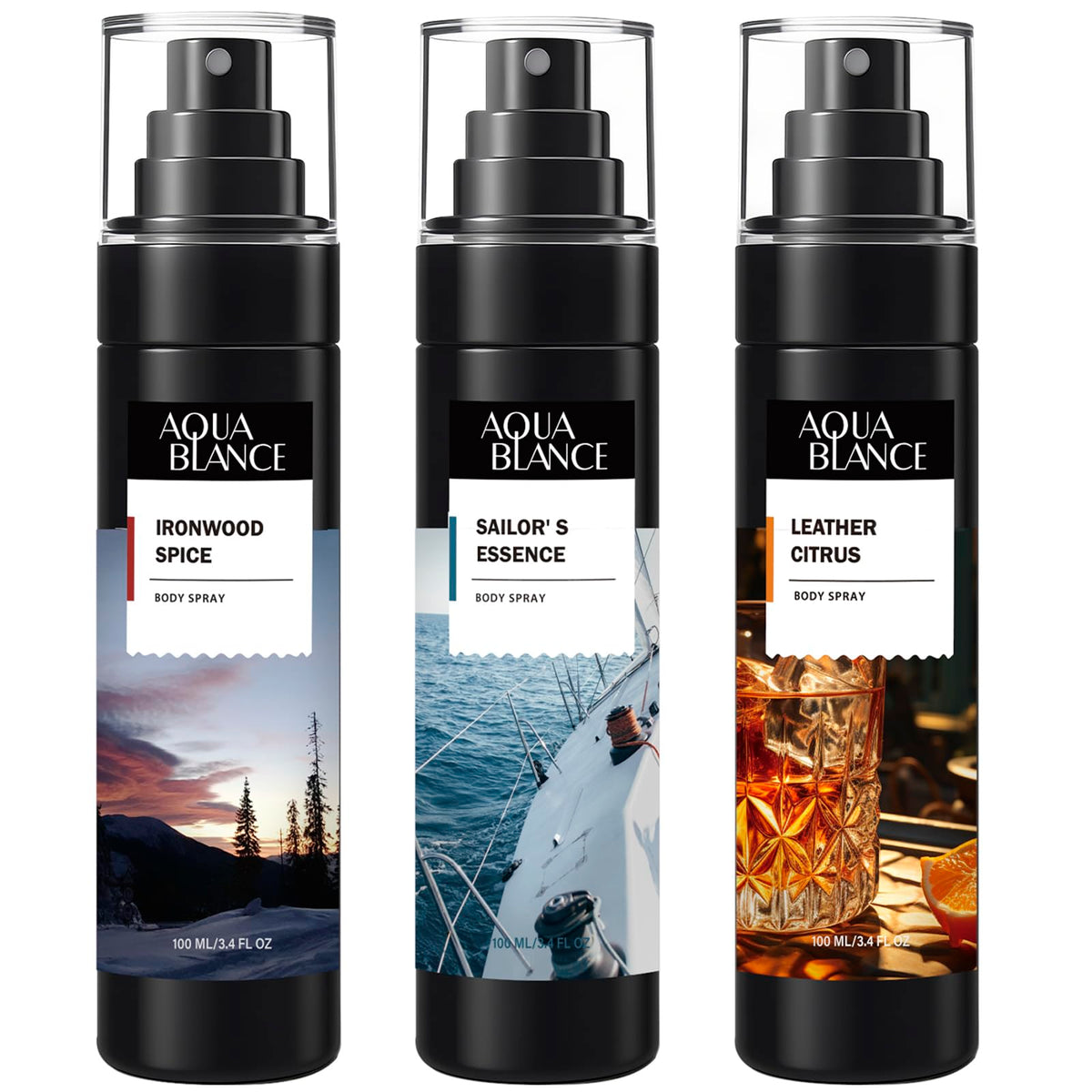 AQUA BLANCE Ironwood Spice bottle highlights bold citrus and wood notes for lasting freshness.