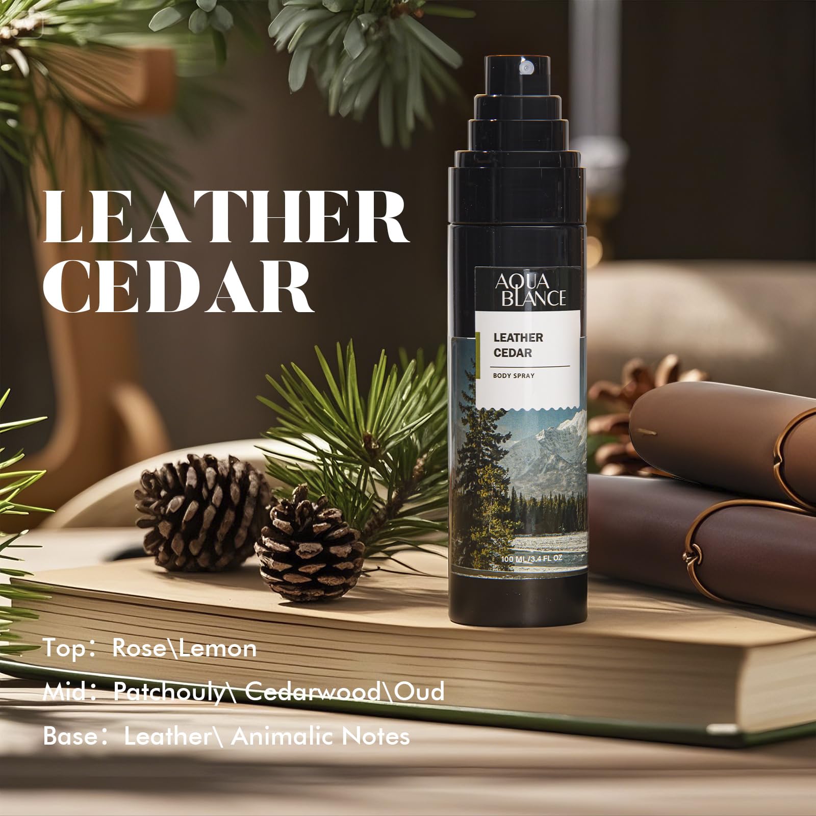 Aqua Blance-leather-cedar-heart blends rugged sophistication with confident everyday scent.