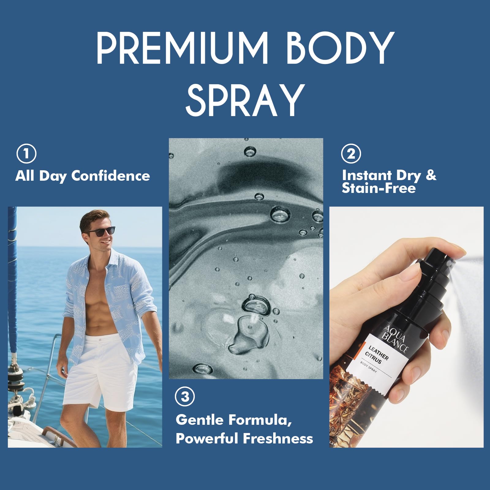 AQUA BLANCE travel-size sprays suggest convenient touch-ups while traveling.
