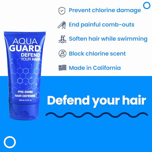 AQUA GUARD Pre-Swim application demonstrated on hair for pre-swim protection.
