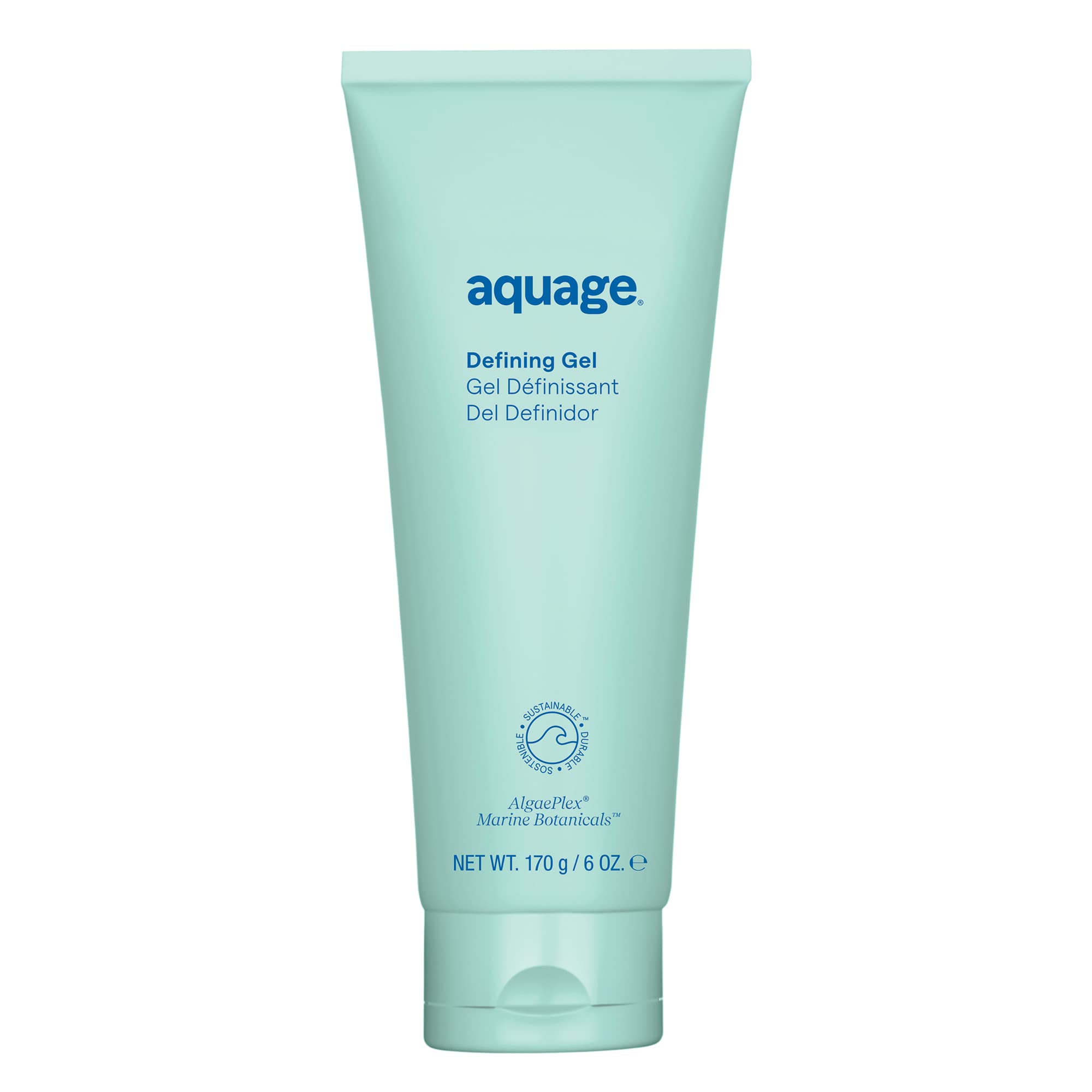 AQUAGE Defining Gel bottle closeup shows a firm yet flexible hold for curls.