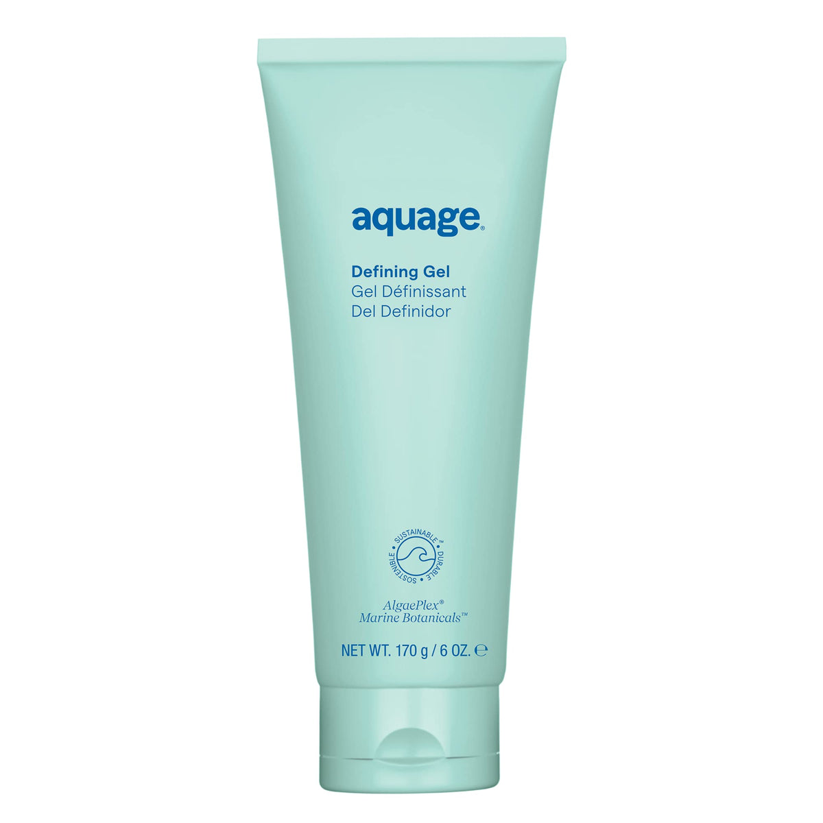AQUAGE Defining Gel bottle closeup shows a firm yet flexible hold for curls.