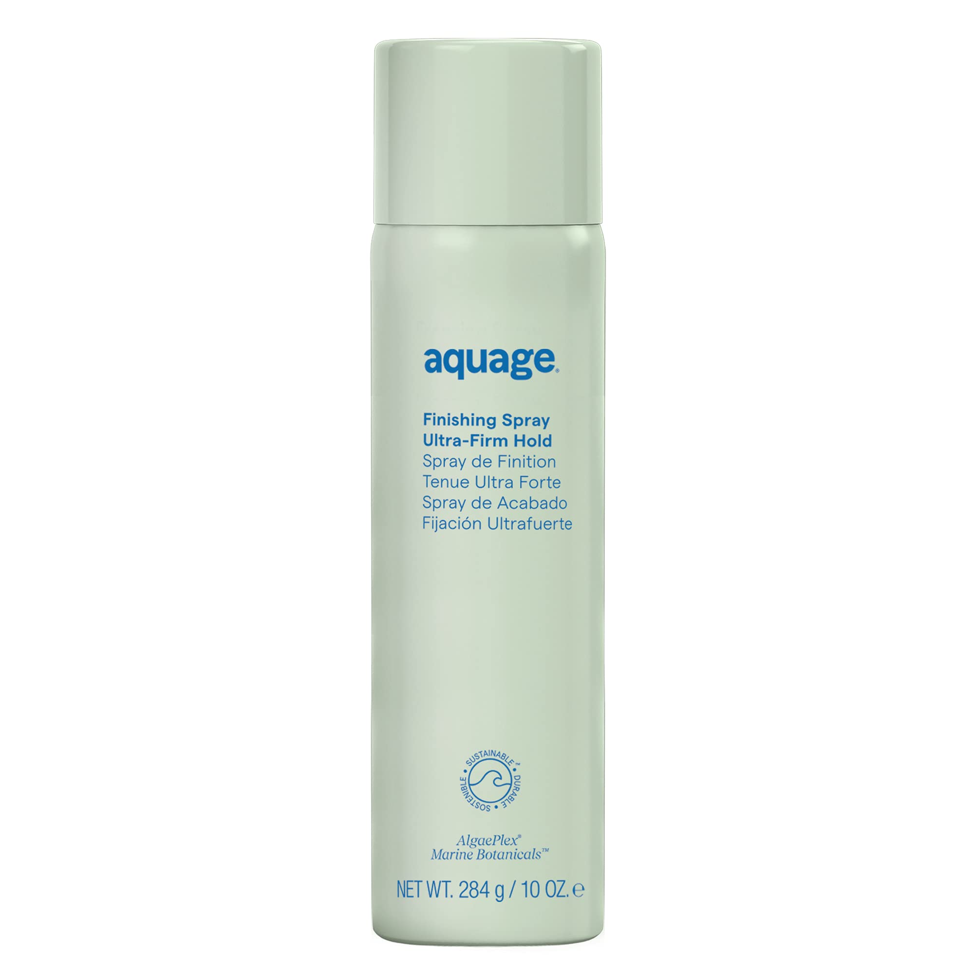 Aquage finishing spray bottle closeup highlights ultra-fine mist for even application
