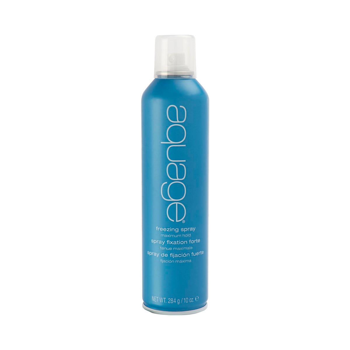 AQUAGE Freezing Spray bottle closeup shows strong hold for lasting styles