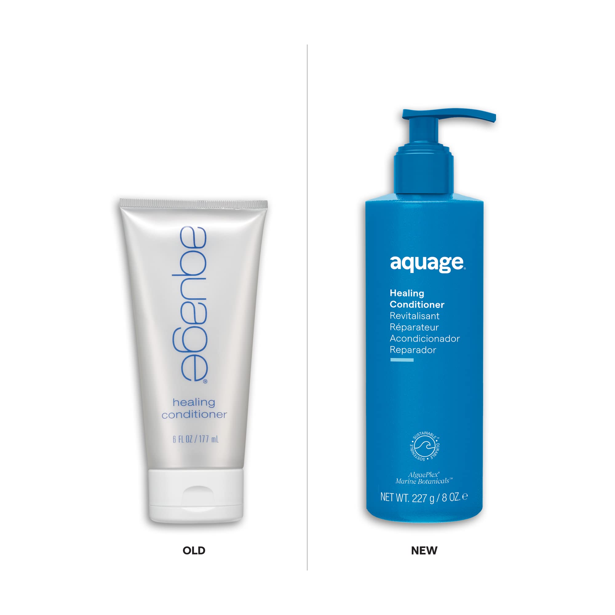 Aquage Healing Conditioner Algaeplex closeup emphasizes sea botanicals fueling repair.