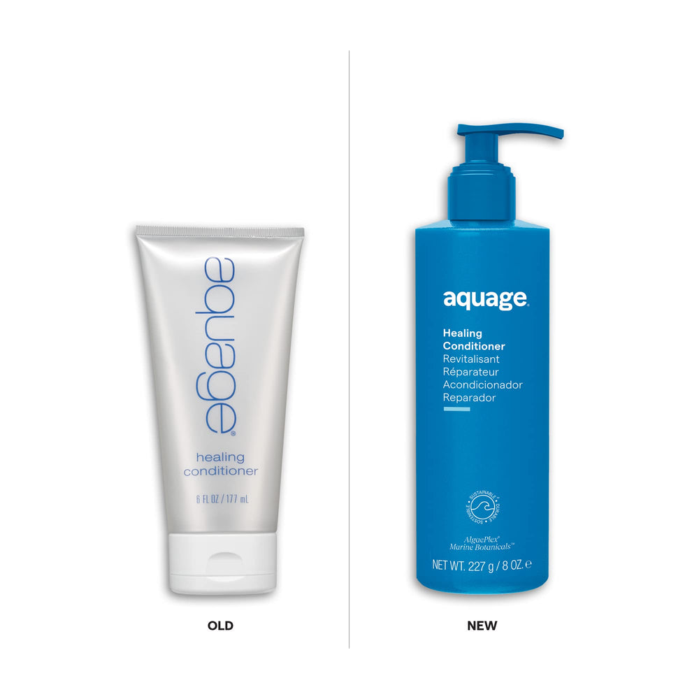 Aquage Healing Conditioner Algaeplex closeup emphasizes sea botanicals fueling repair.