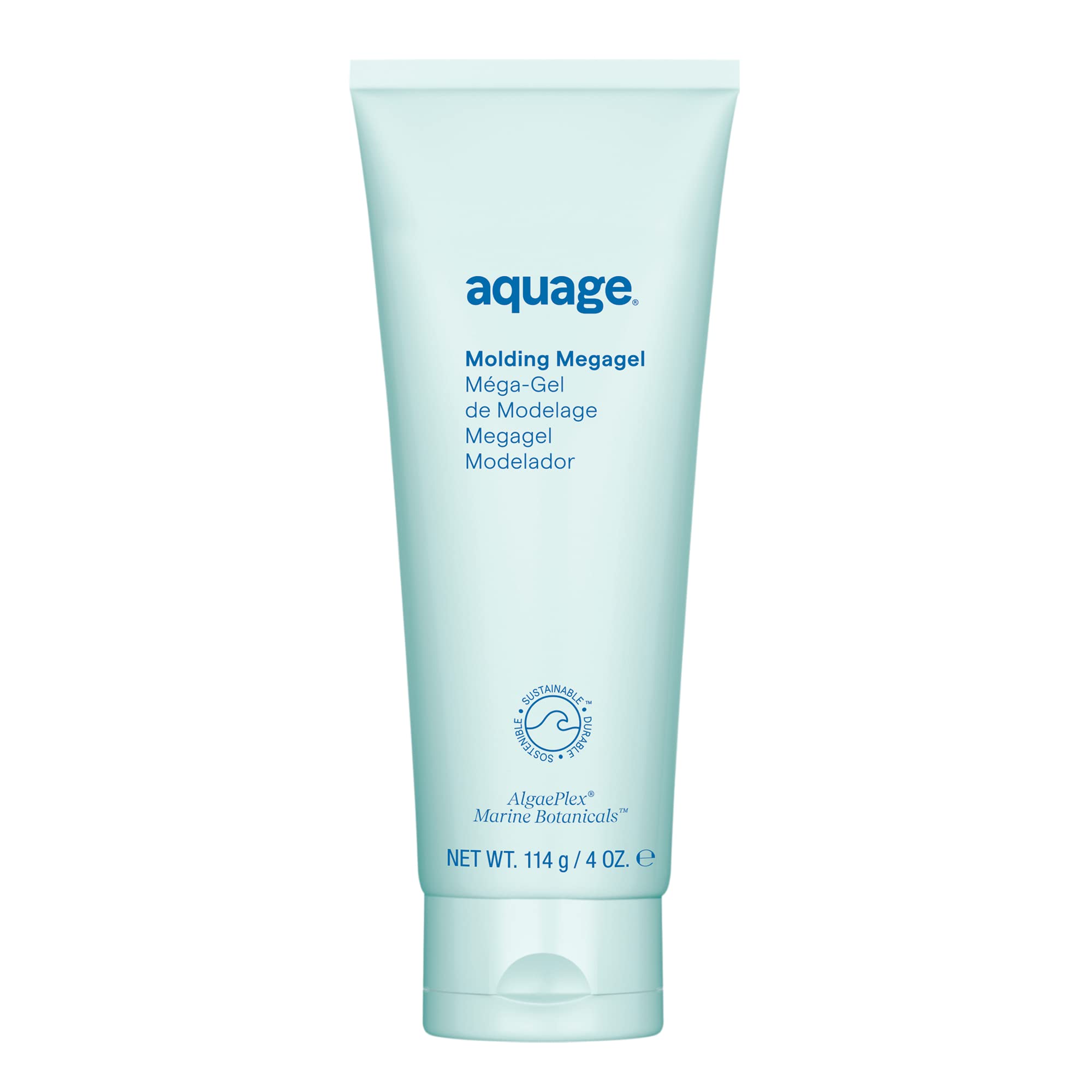 Aquage Molding Megagel bottle closeup shows versatile high-hold gel for sleek styles
