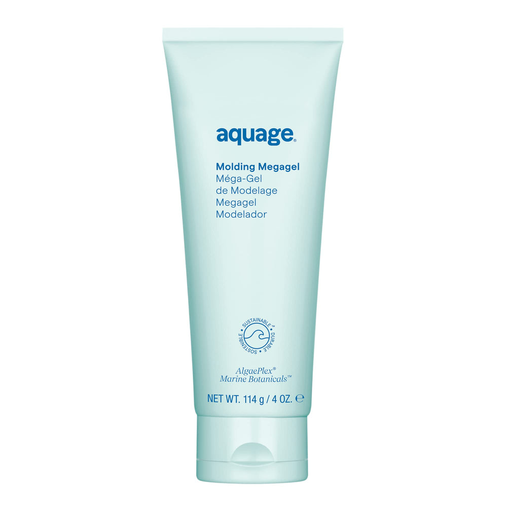 Aquage Molding Megagel bottle closeup shows versatile high-hold gel for sleek styles