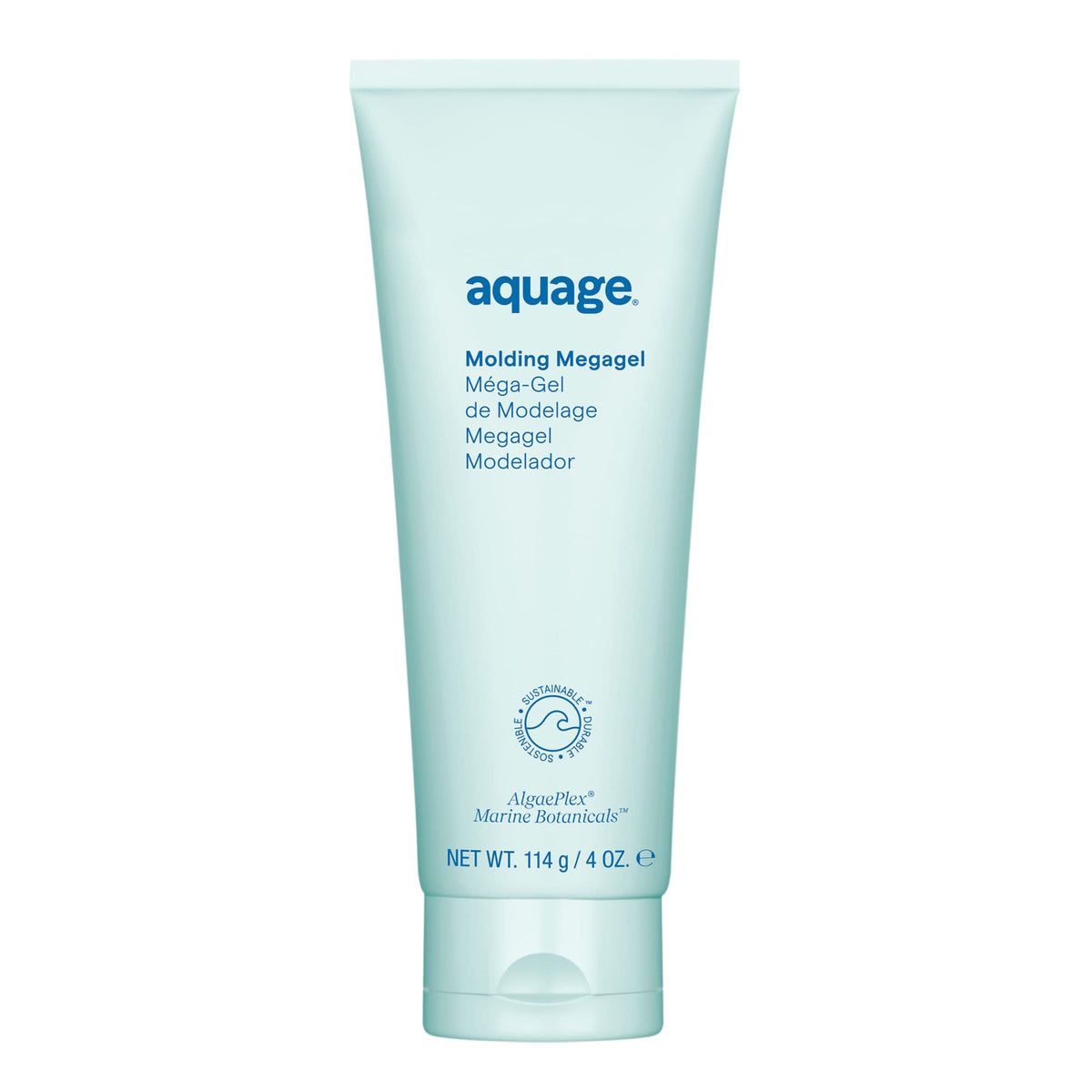 Aquage Molding Megagel bottle closeup shows versatile high-hold gel for sleek styles
