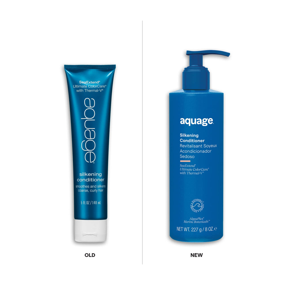 Aquage SeaExtend Silkening Conditioner pour shot showing creamy texture for detangling.
