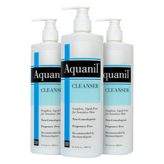 Aquanil cleanser bottle pour highlights lipid-free, fragrance-free formula for sensitive skin