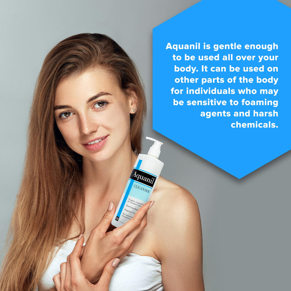Aquanil cleanser bottle with water-use indicates easy rinse and versatile use