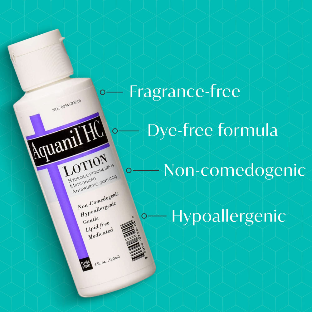 Aquanil HC Lotion packaging shown for fragrance-free skincare convenience.
