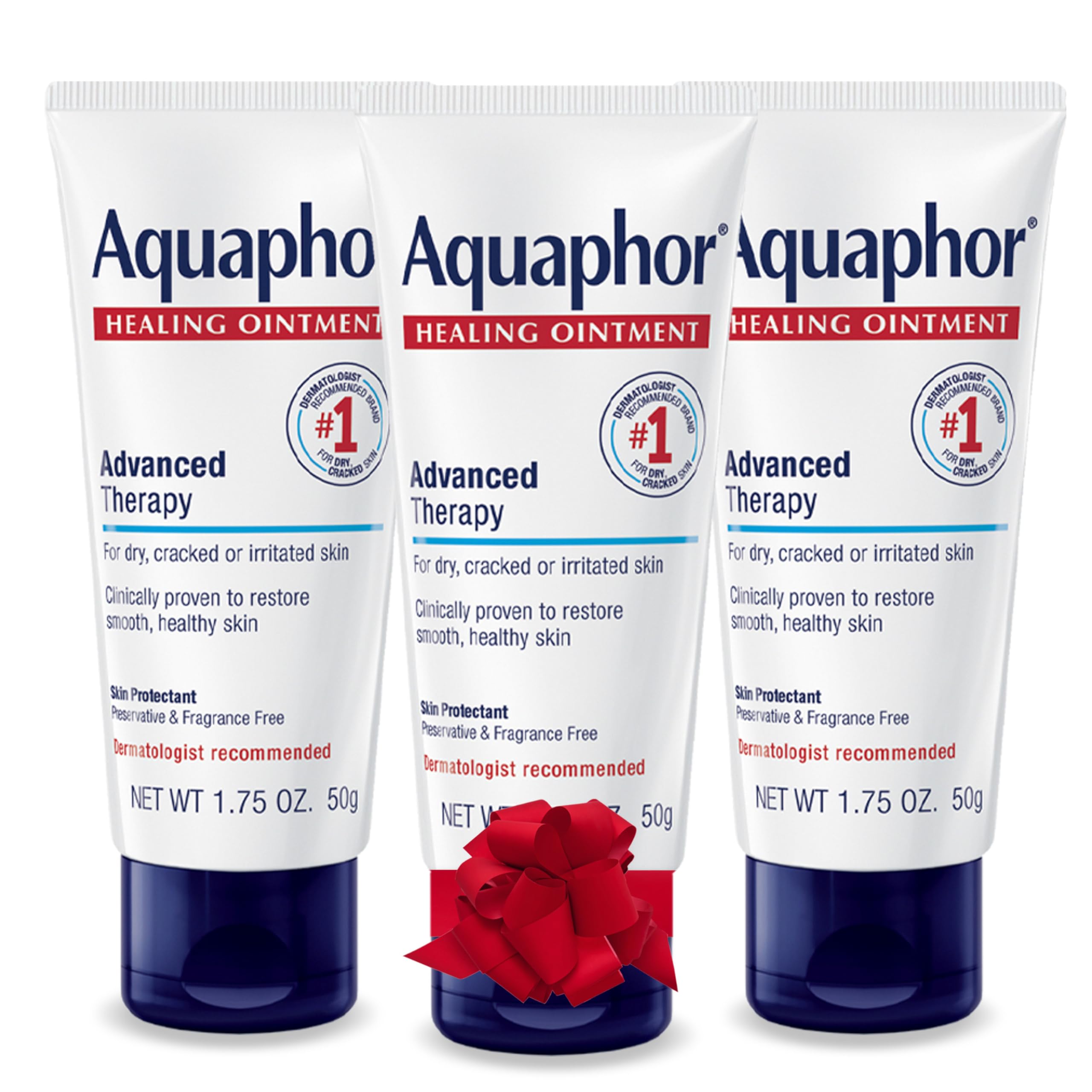 Aquaphor Advanced Therapy Healing Ointment tube on bathroom shelf provides dry skin protection.