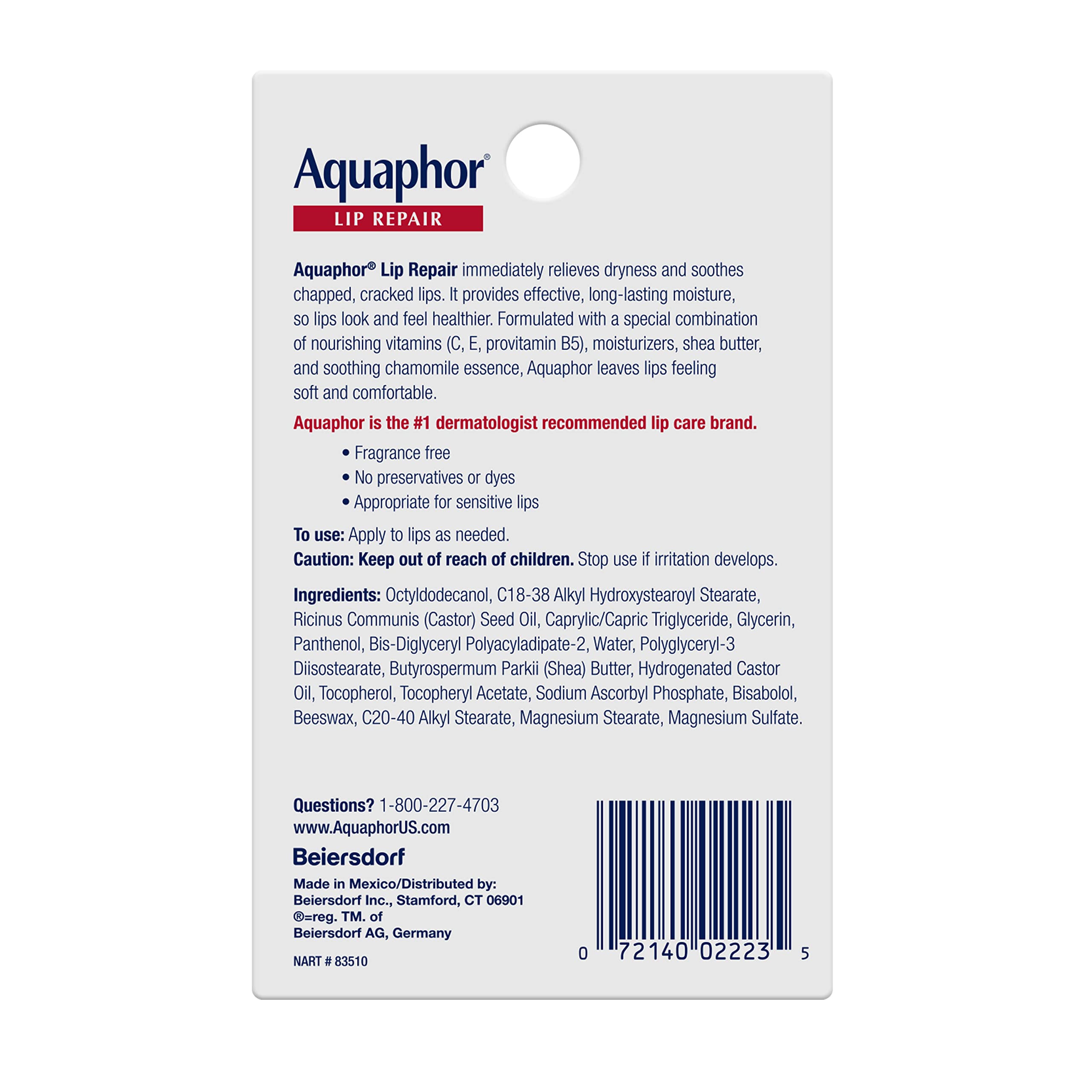 Aquaphor back label close-up showing usage directions and ingredients