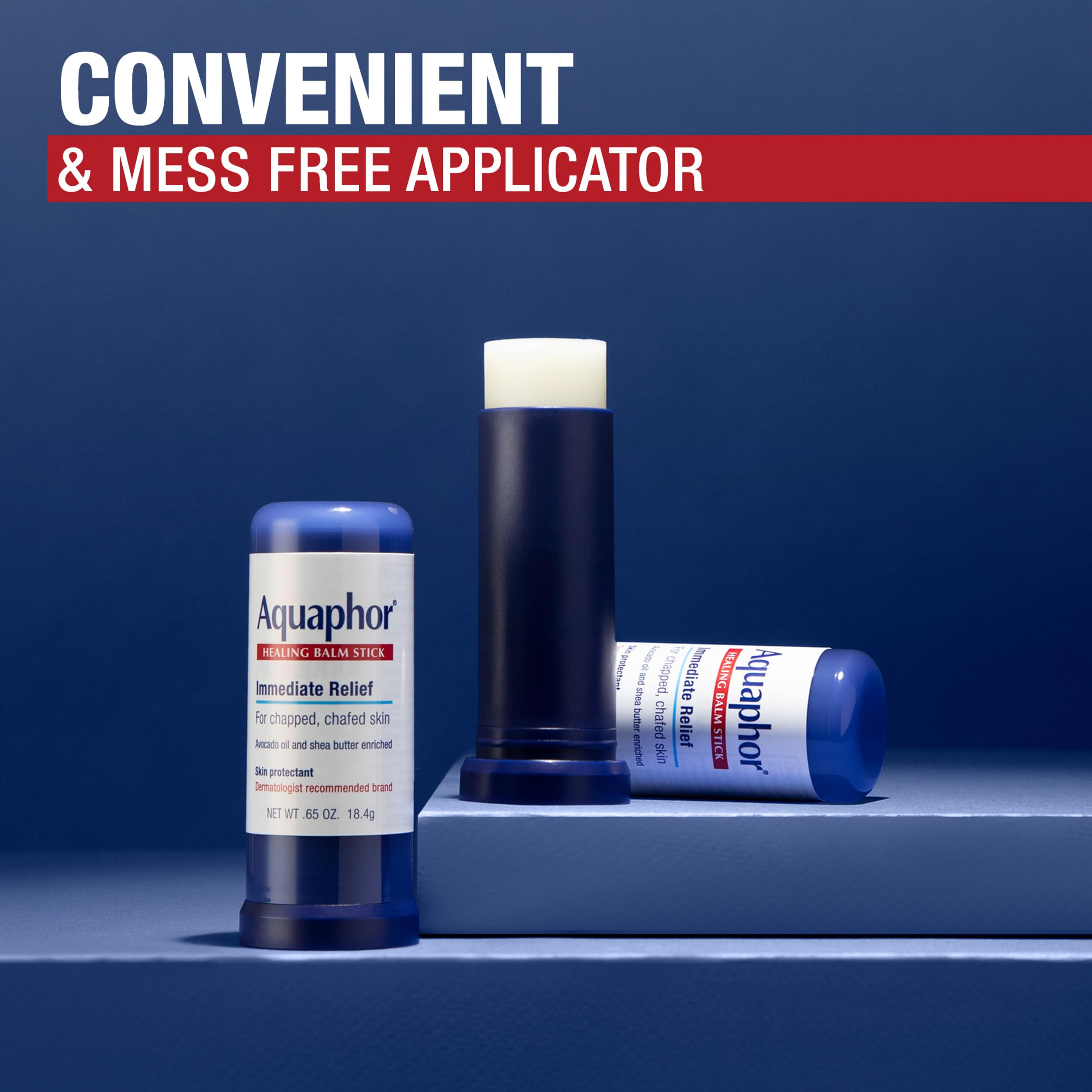 Aquaphor balm stick applied to lips demonstrating precise, soothing coverage