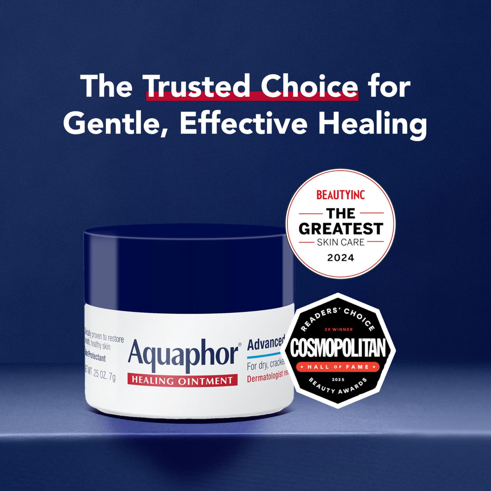 Aquaphor Healing Ointment label detail highlights simple ingredients and trusted skin protection.