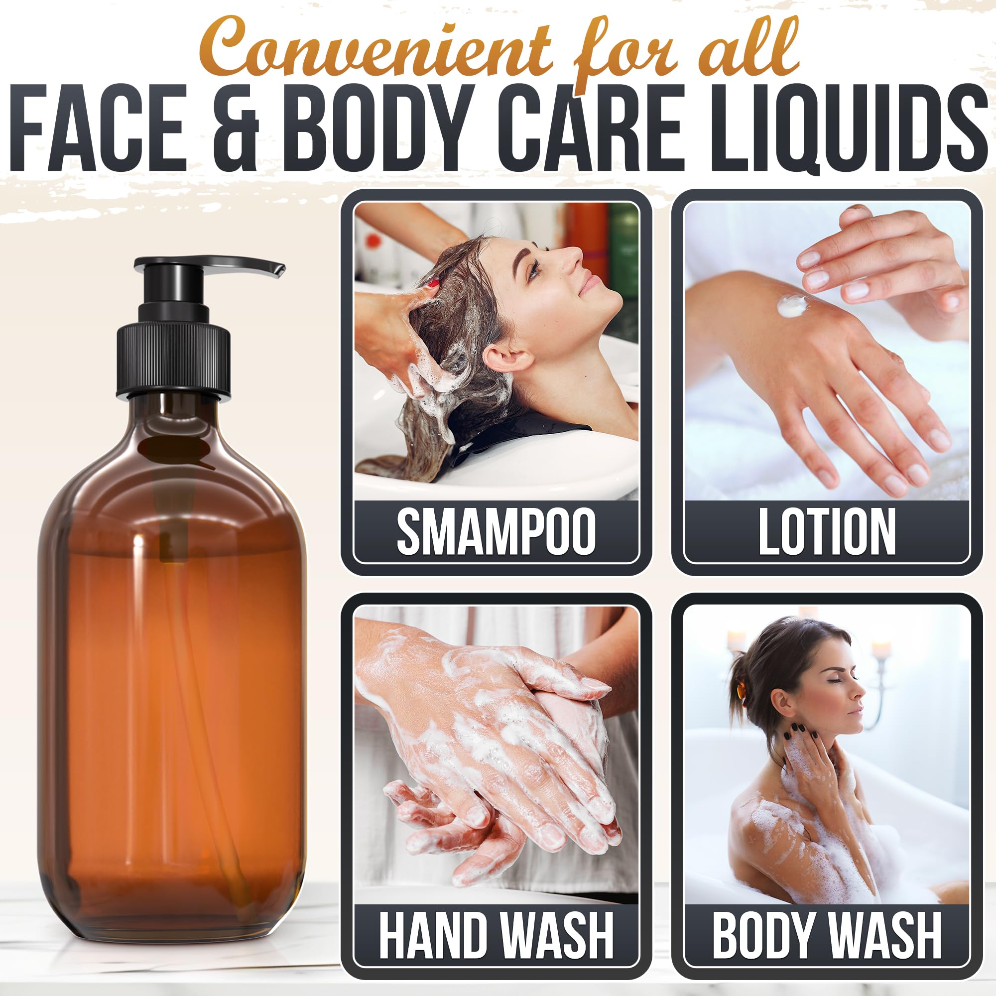 Aquue amber dispenser body wash bottle in the shower for easy access.