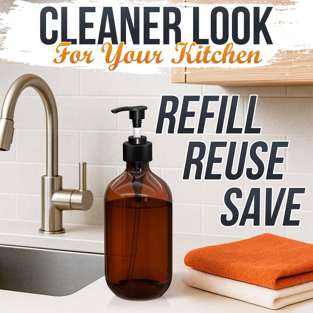 Aquue amber dispenser set used for dish soap at a sink.
