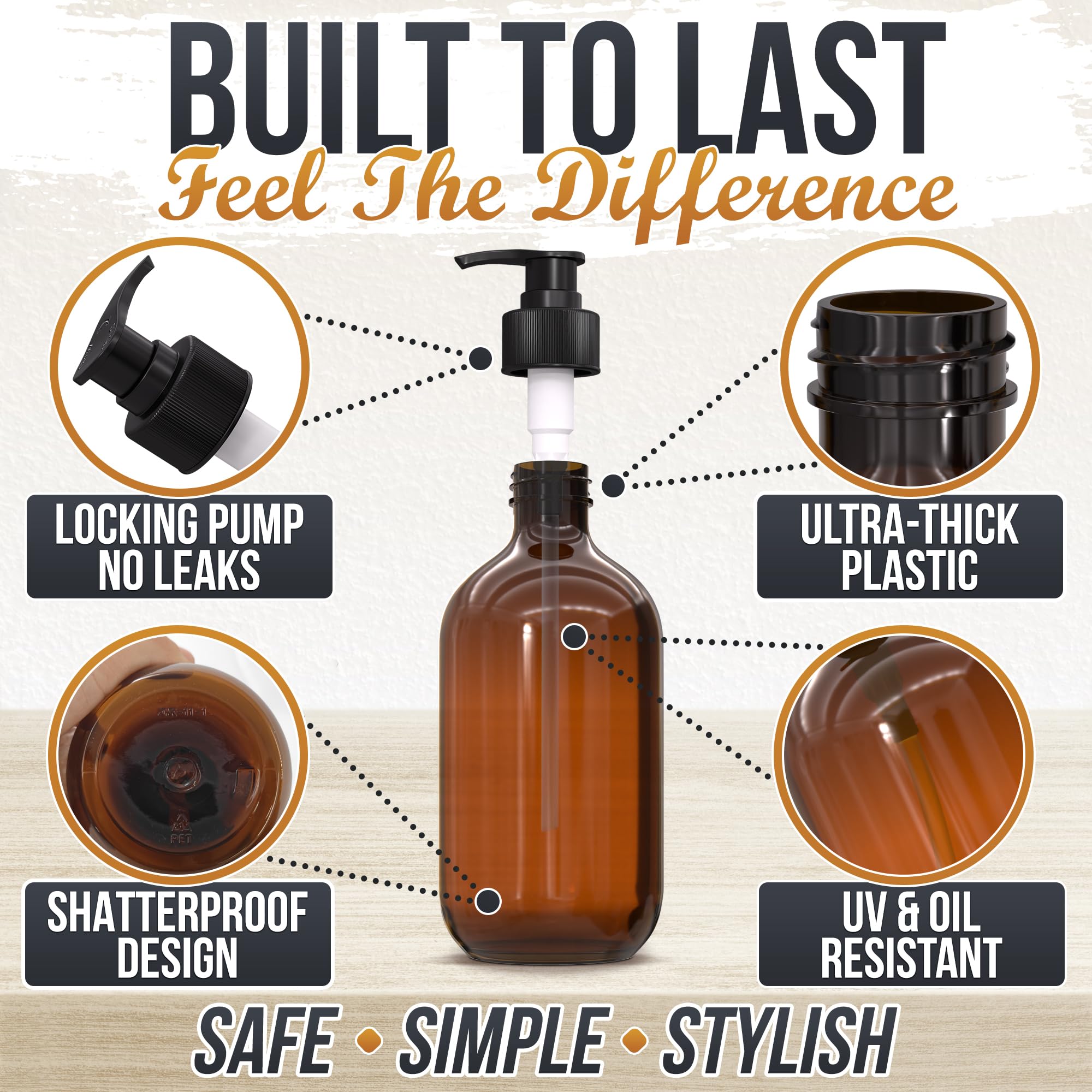Aquue amber dispenser on a kitchen counter with soap for quick refills.
