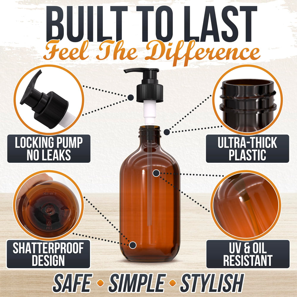 Aquue amber dispenser on a kitchen counter with soap for quick refills.