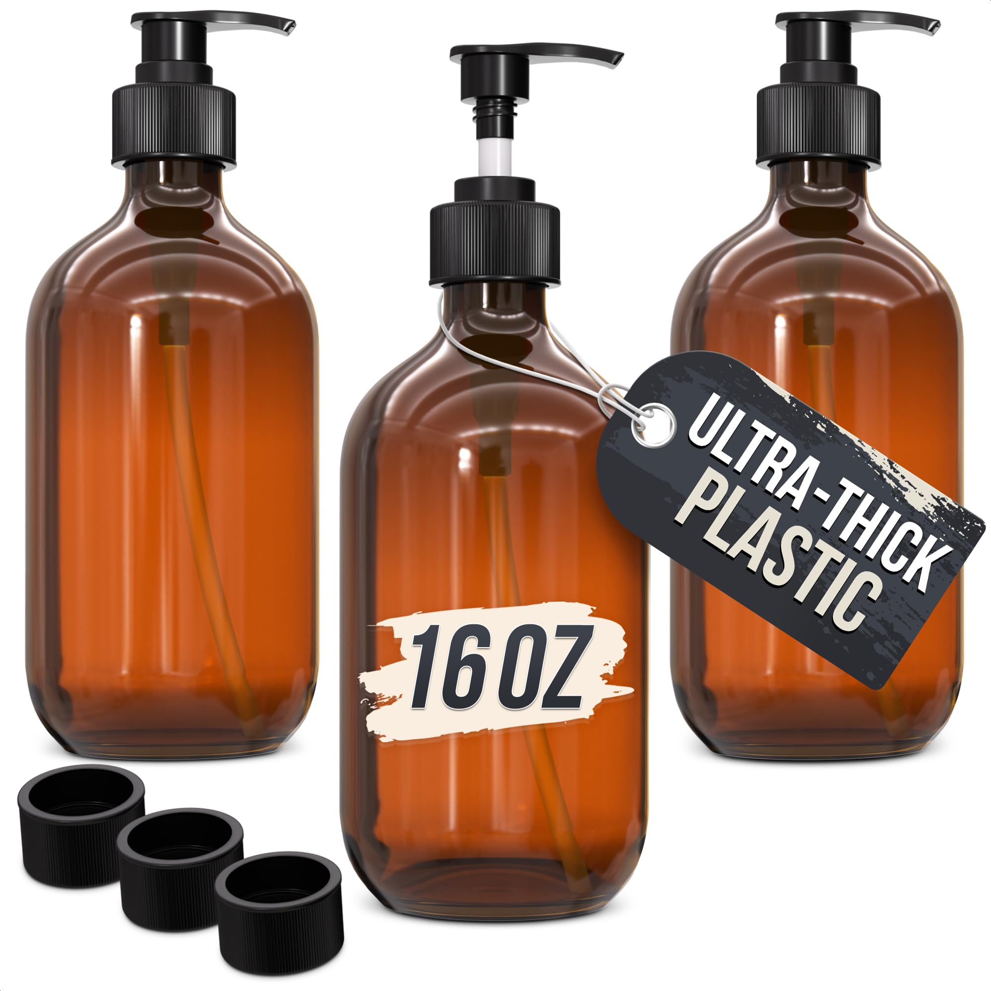 Aquue amber dispenser set 3 with 16oz bottles on a bathroom shelf for easy refills.
