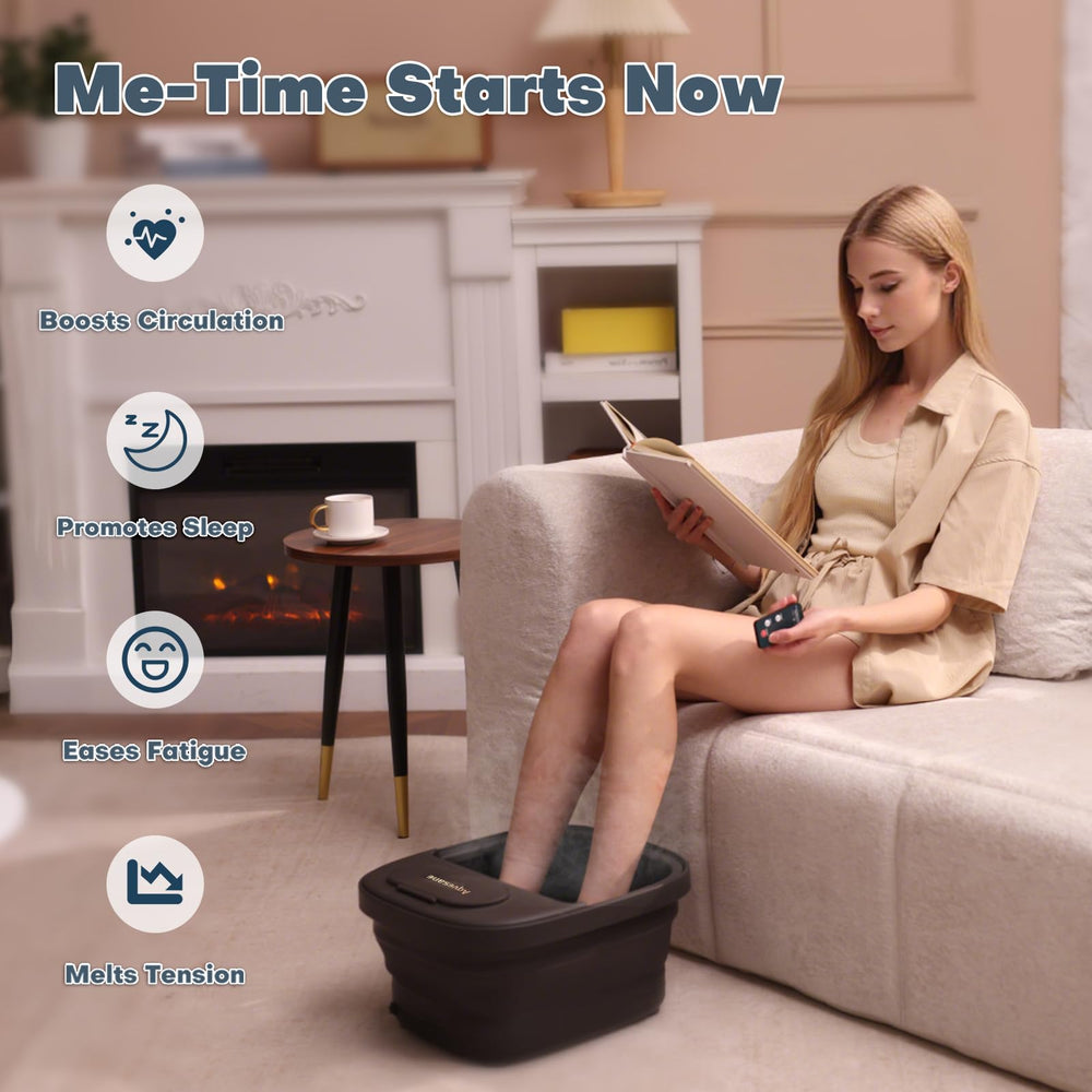 Aqvesane foot spa with heat and bubbles promoting relaxing warmth and gentle massage.