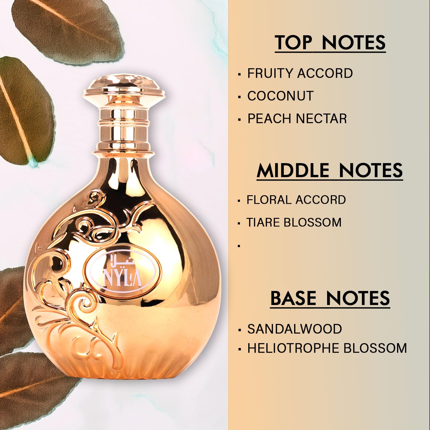 Arabiyat Nyla EDP bottle-tilt highlights the floral heart for romantic evenings.