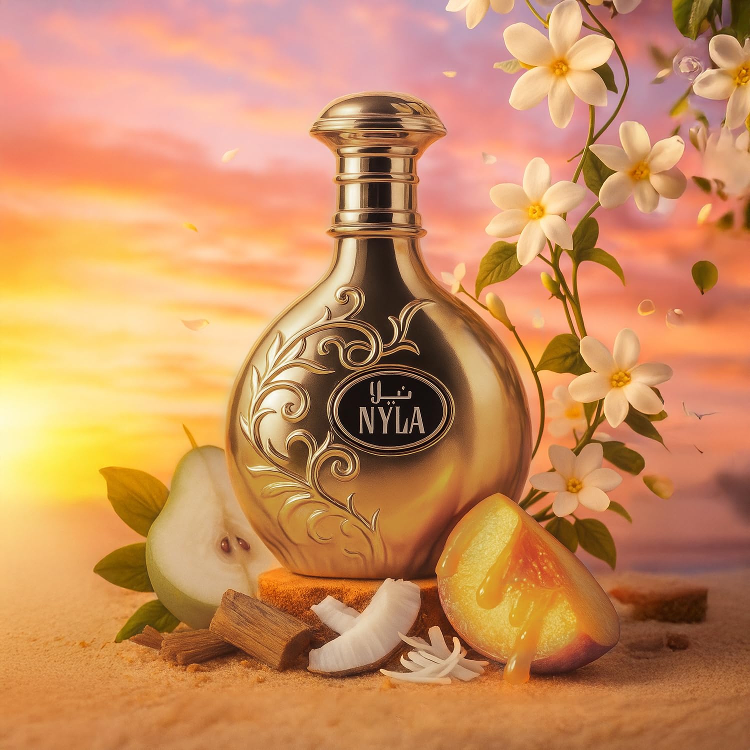 Arabiyat Nyla EDP notes-closeup captures coconut and peach hints for a tropical opening.