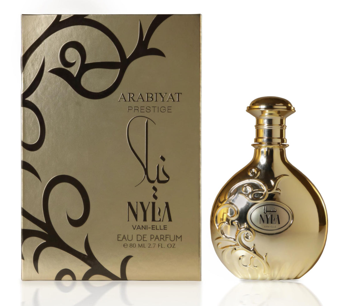 ARABIYAT PRESTIGE Nyla Vani-Elle bottle-front shows luxurious design and versatile daily fragrance use.