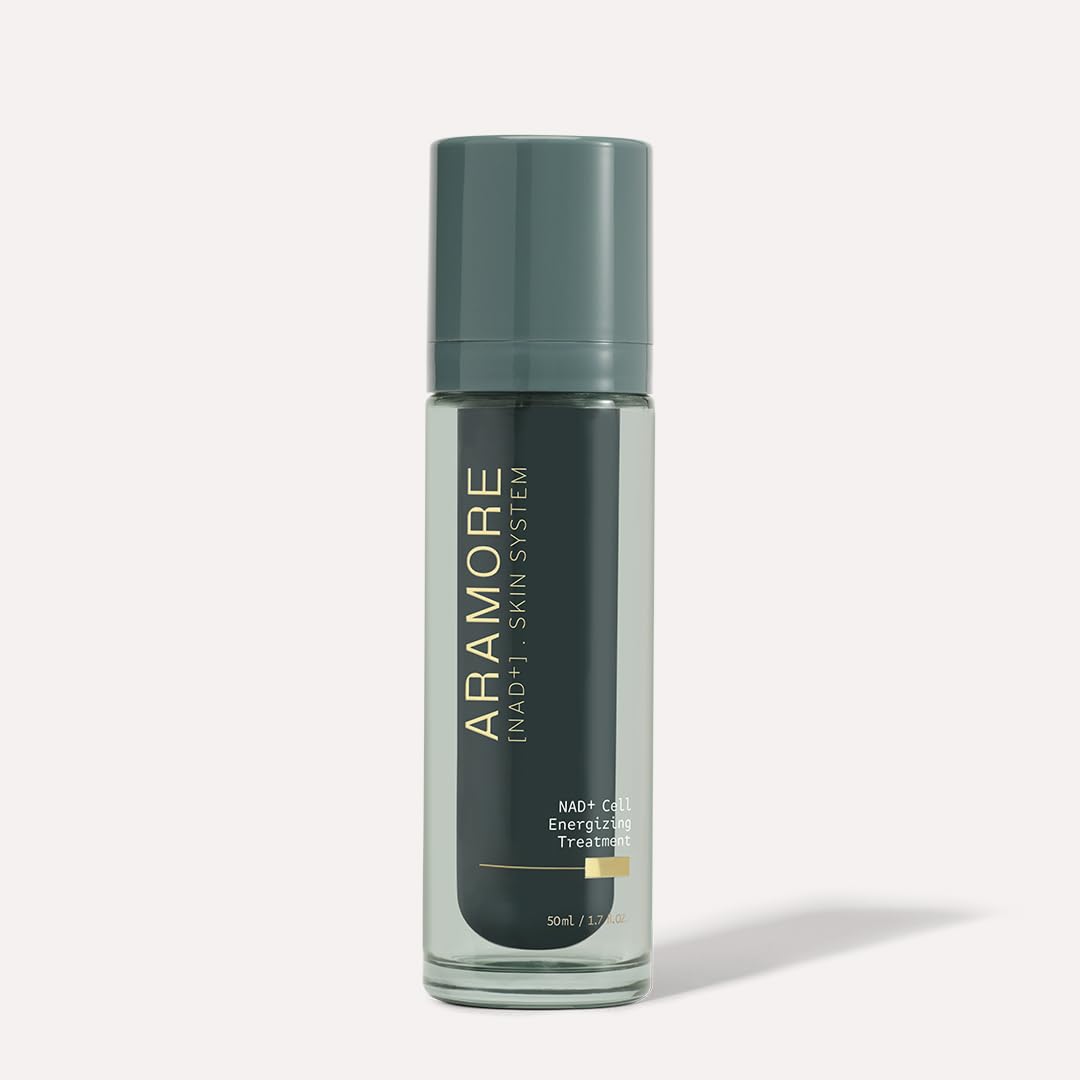 Aramore NAD+ Cell Energizing Treatment bottle shown for daily skincare routine.