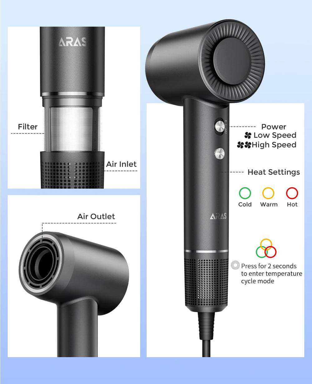 ARAS hair dryer magnetic nozzles rotate 360 degrees for versatile styling.