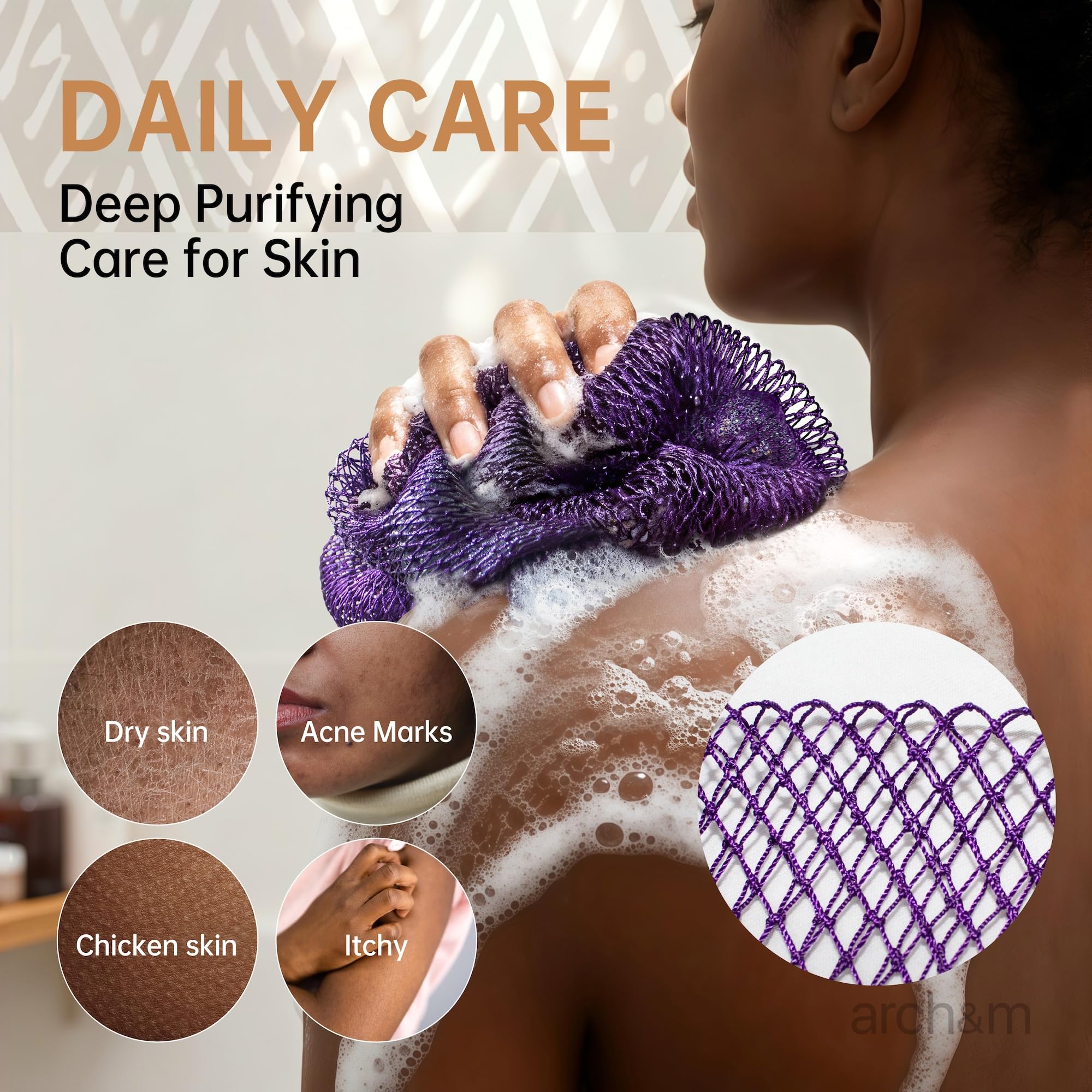 ARCH&M net sponge knots stretched to reach back areas for full-body cleansing.