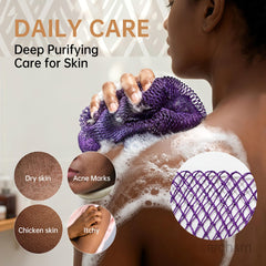 ARCH&M net sponge knots stretched to reach back areas for full-body cleansing.