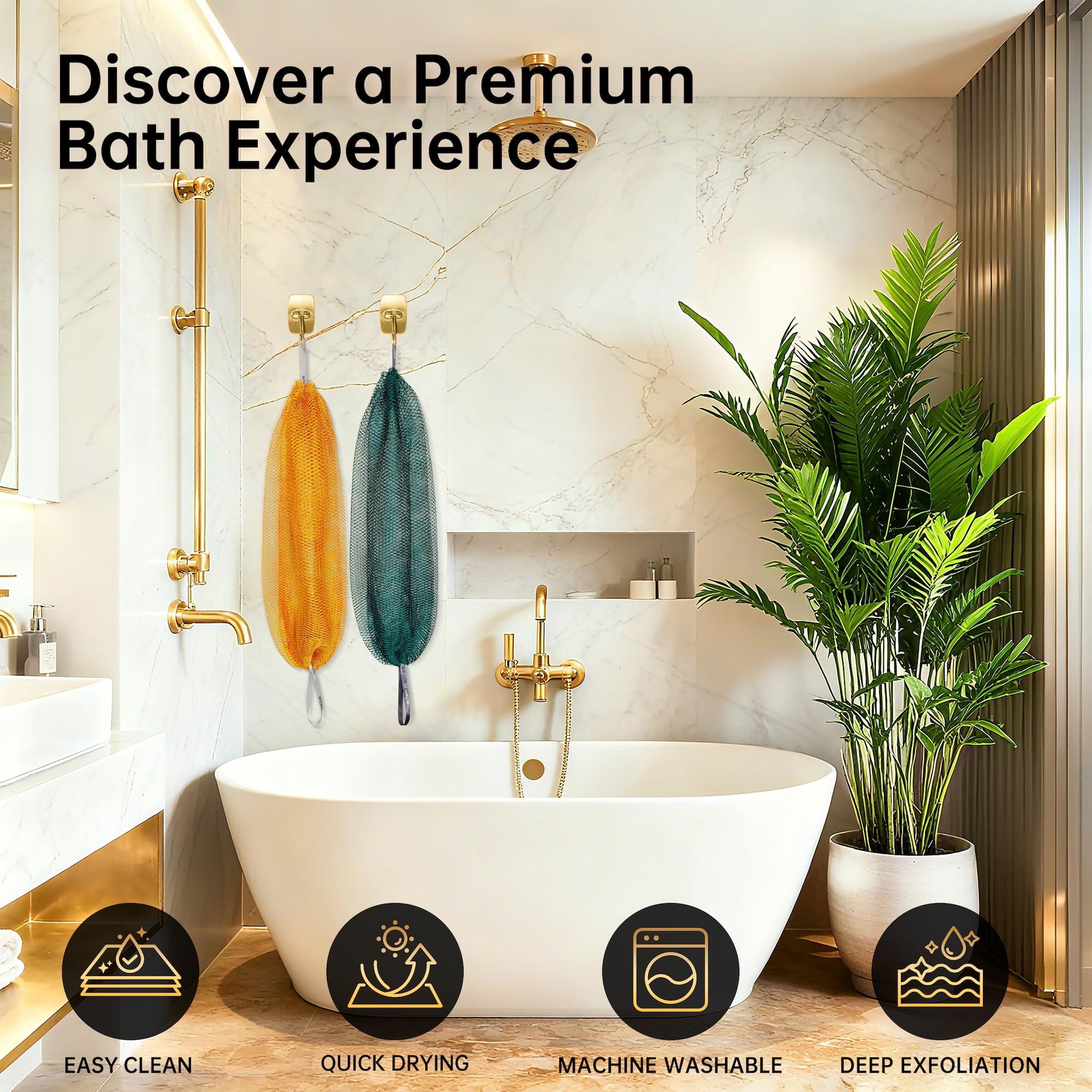 ARCH&M afro scrubber in shower setup promoting gentle exfoliation and back cleansing.