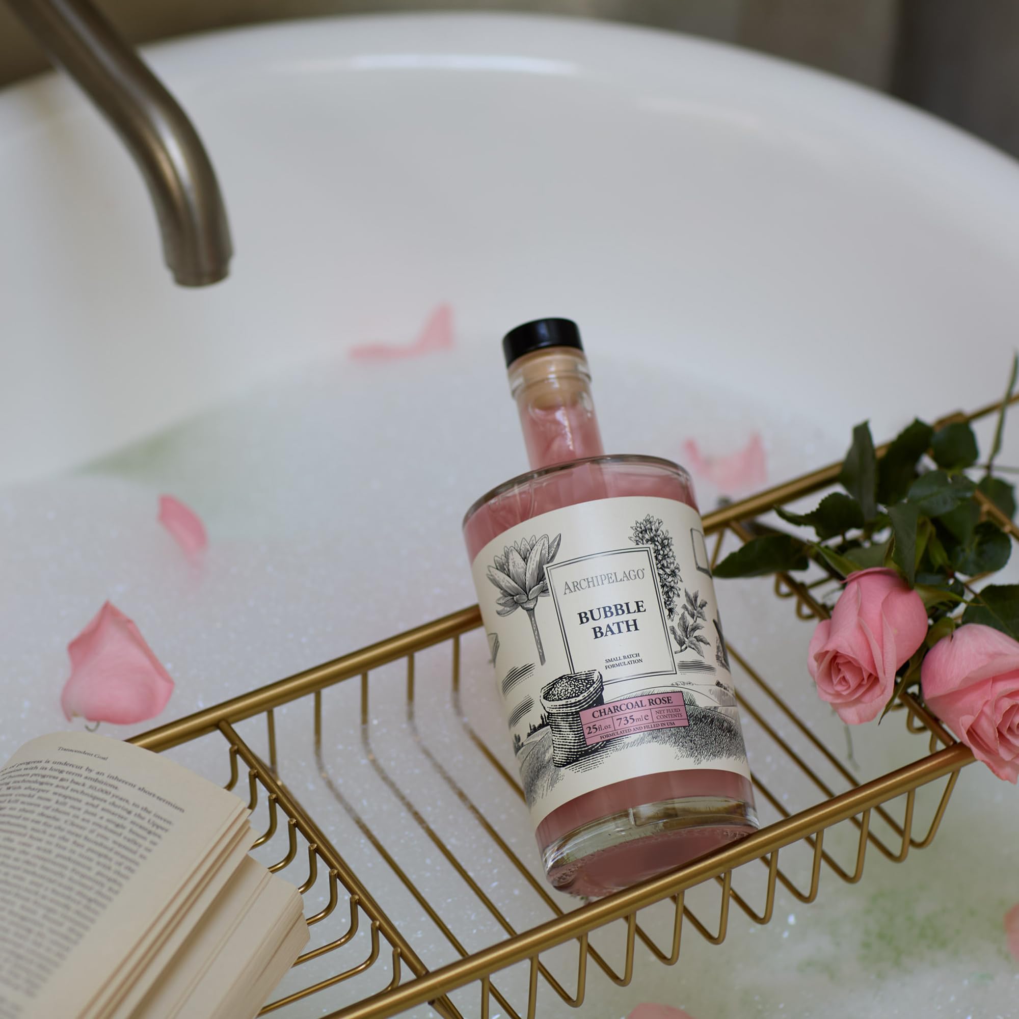 Archipelago Botanicals charcoal-rose-bath-ingredients-charcoal-rose close-up emphasizes cleansing with hydration.