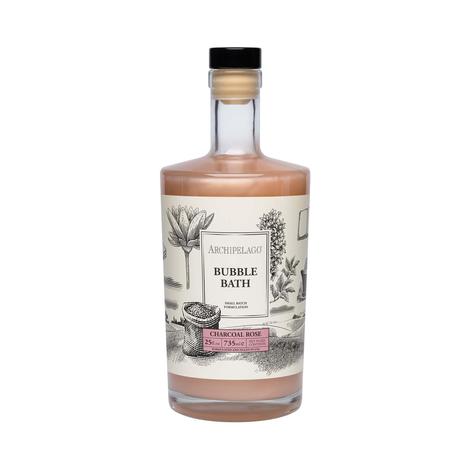 Archipelago Botanicals charcoal rose bubble bath bottle—luxurious cleansing ritual.