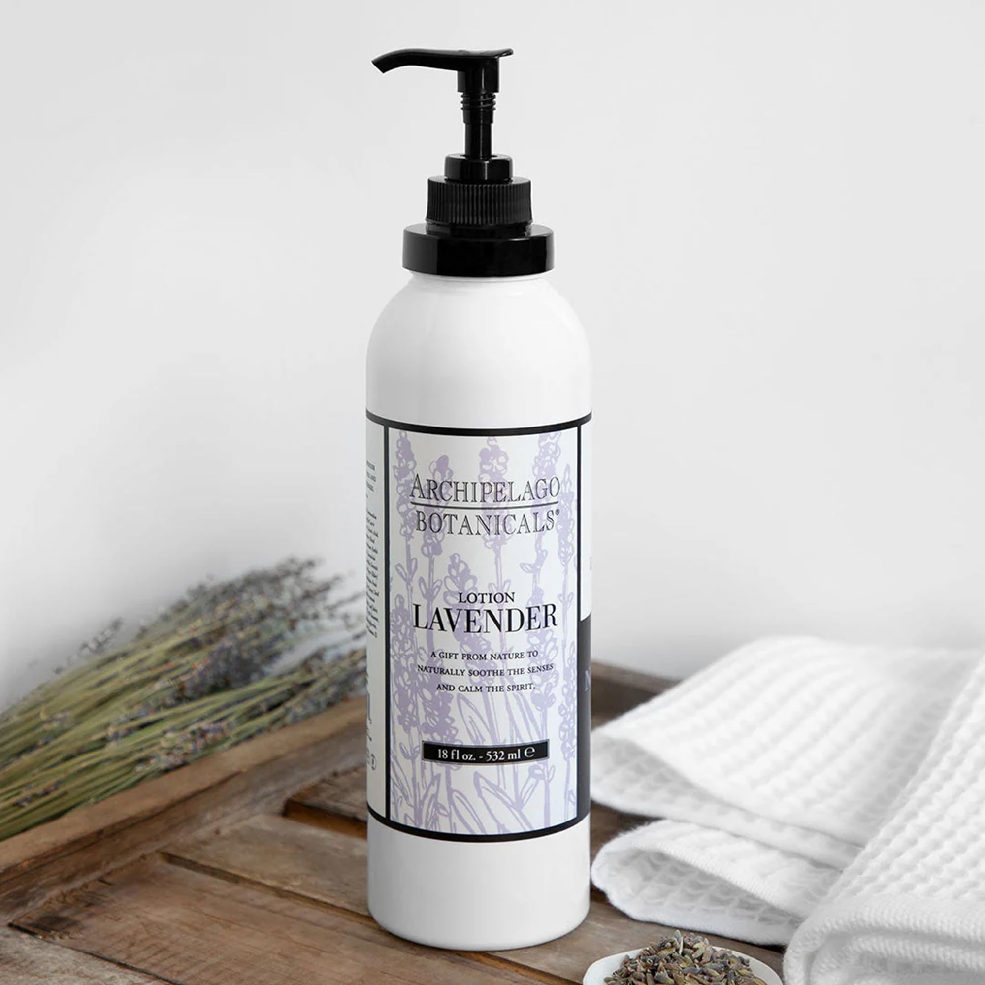 Archipelago Botanicals Lavender Lotion bottle with pump ready for use and scent notes.