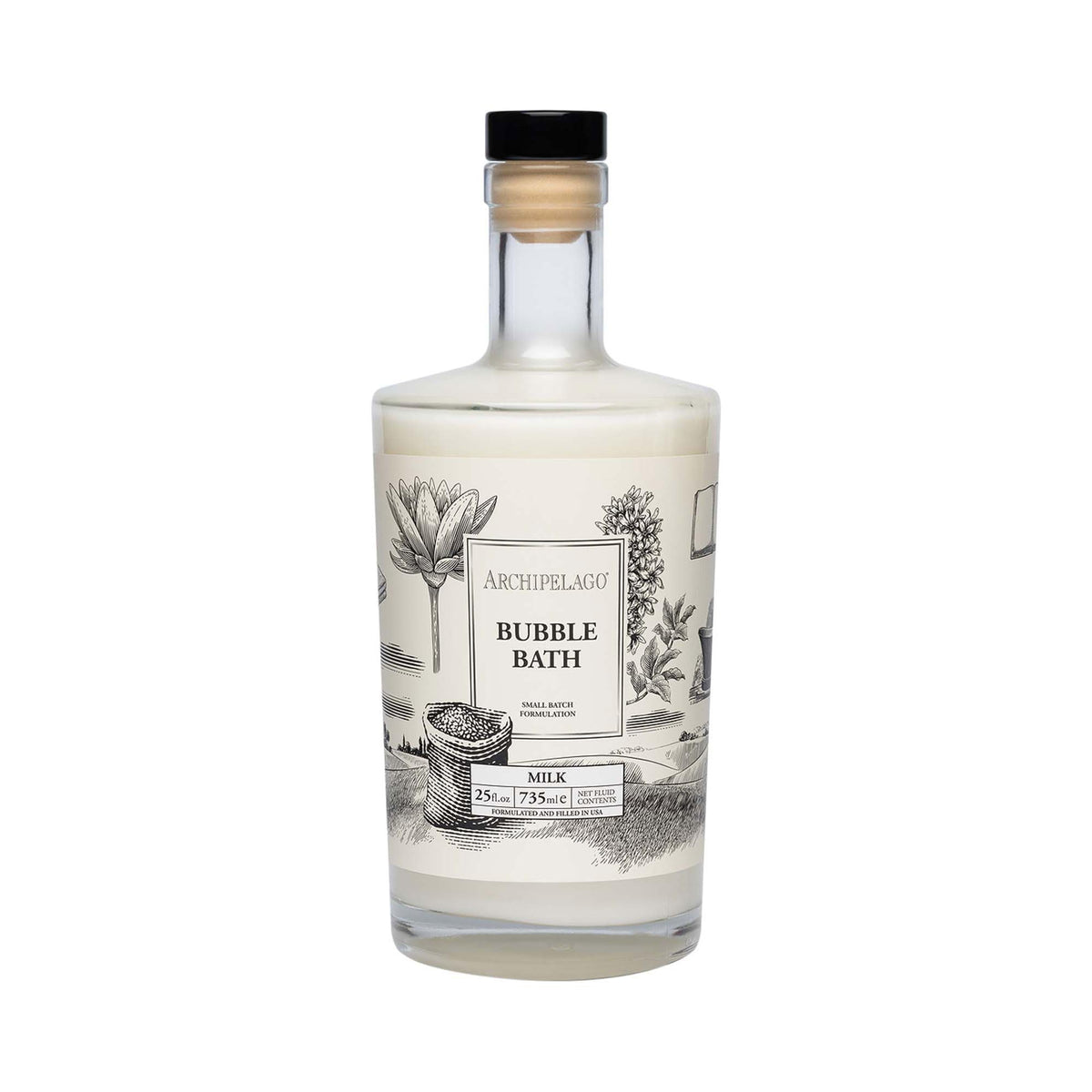 Archipelago Botanicals Luxury Milk Bubble Bath bottle pour shows hydrating bubbles for a calming soak