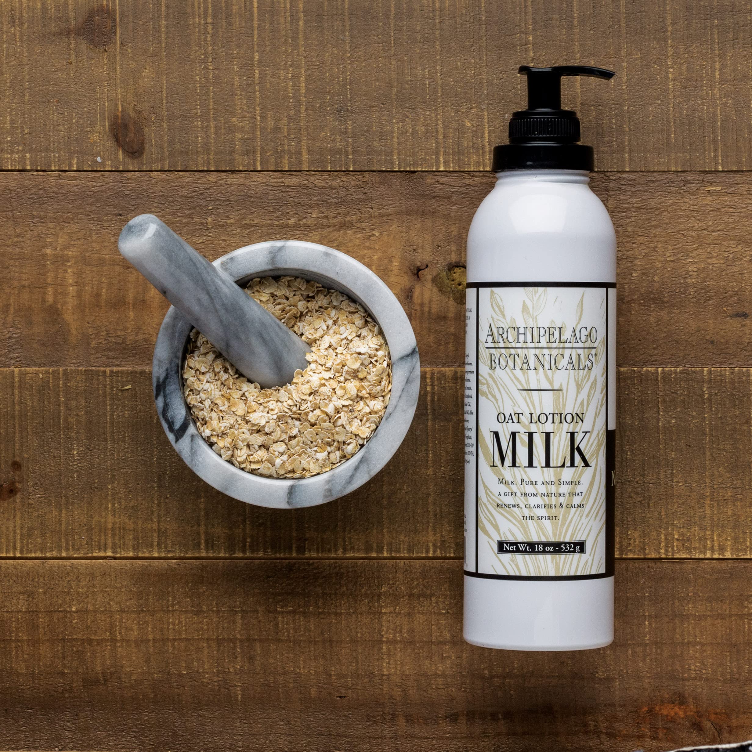 Archipelago Botanicals Oat Milk Lotion ingredients note emphasizes oats, white tea, vetiver.