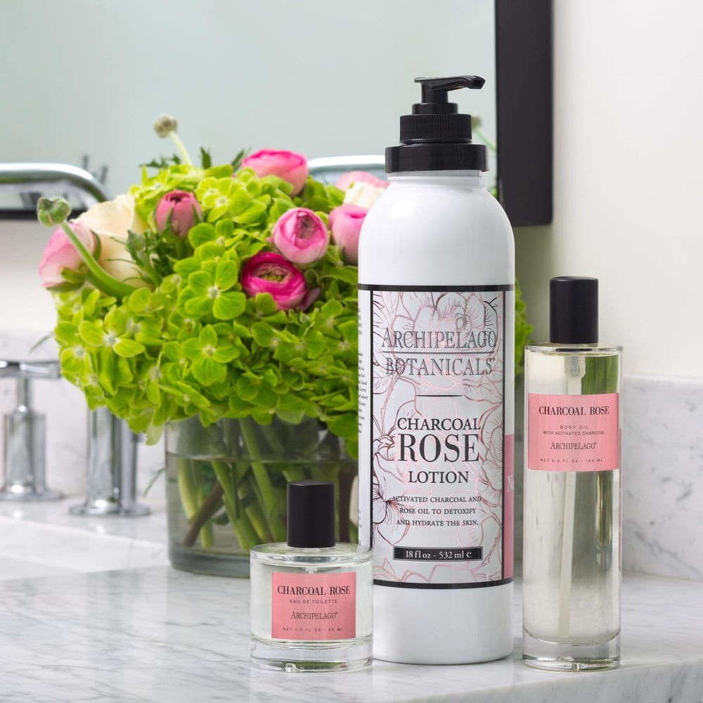 Archipelago Charcoal Rose Lotion pump-dispense—easy, quick moisturization after bath.