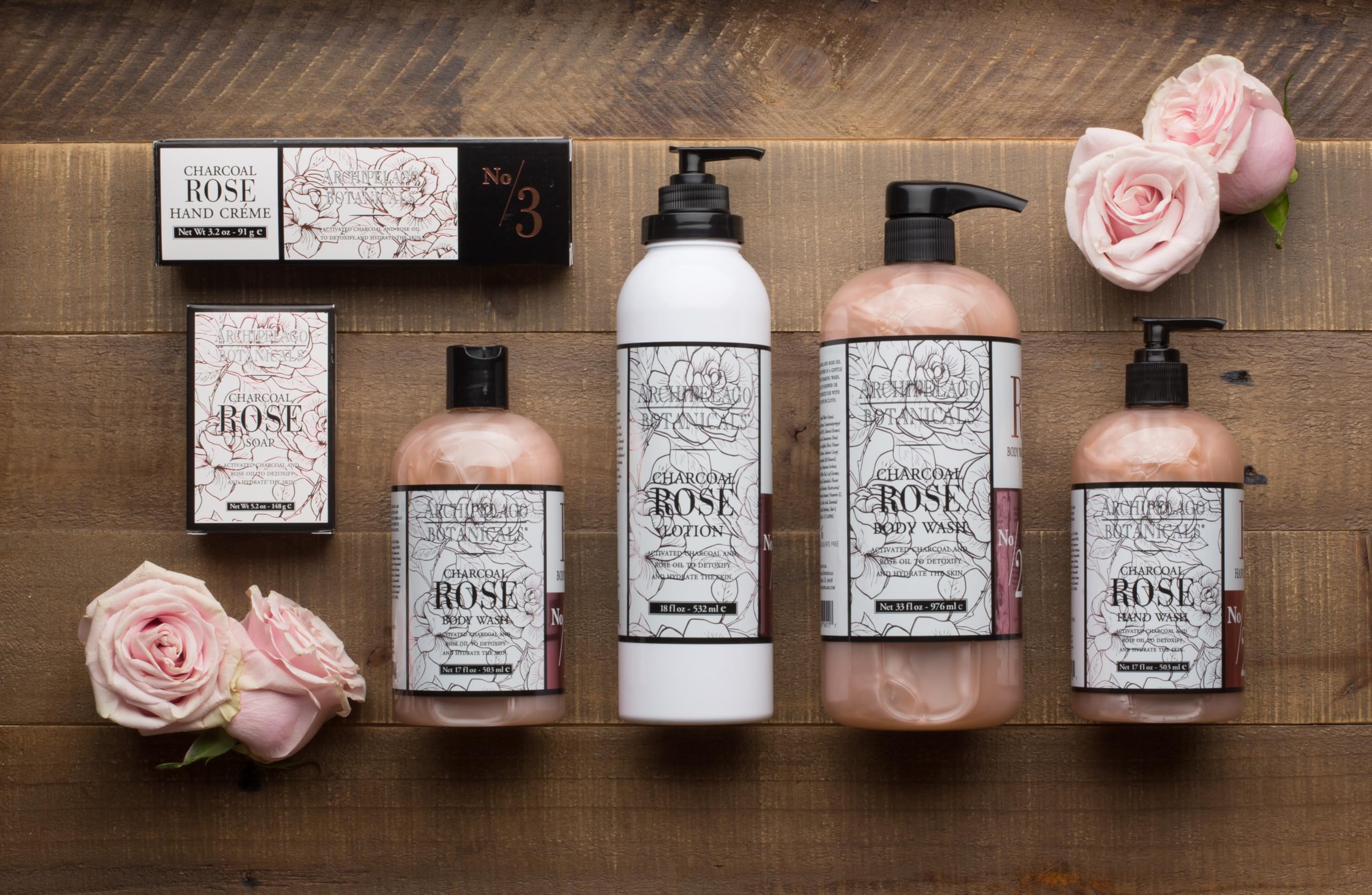 Archipelago Botanicals Charcoal Rose Lotion rose detail—gentle aroma enhances daily skincare ritual.