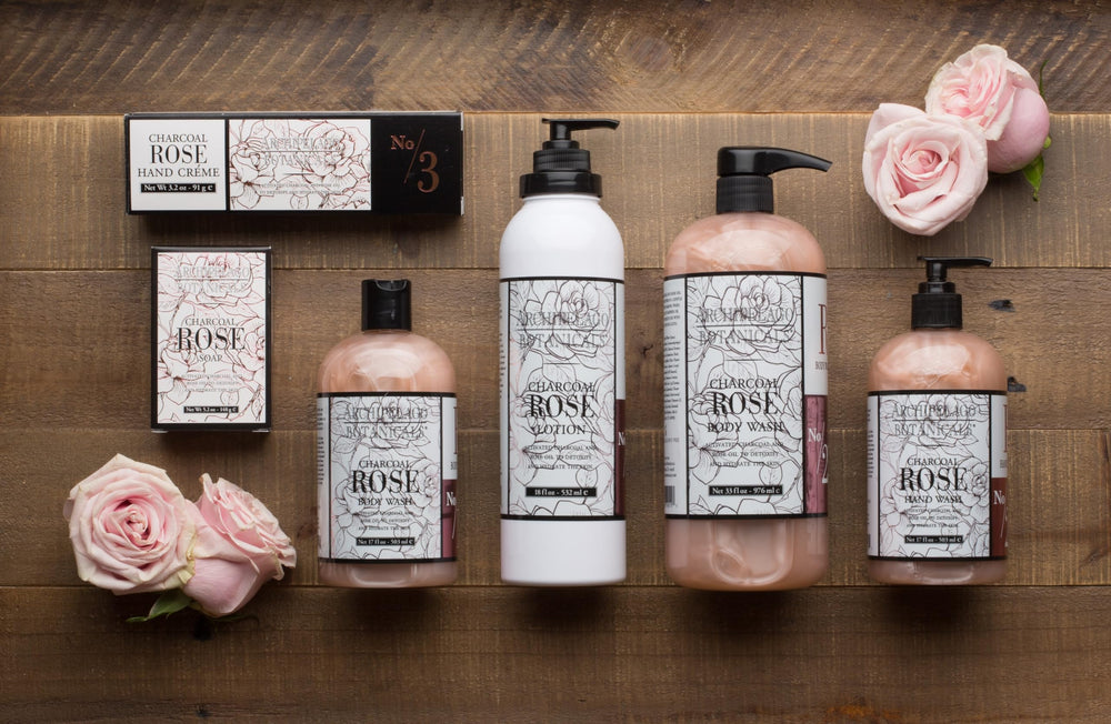 Archipelago Botanicals Charcoal Rose Lotion rose detail—gentle aroma enhances daily skincare ritual.