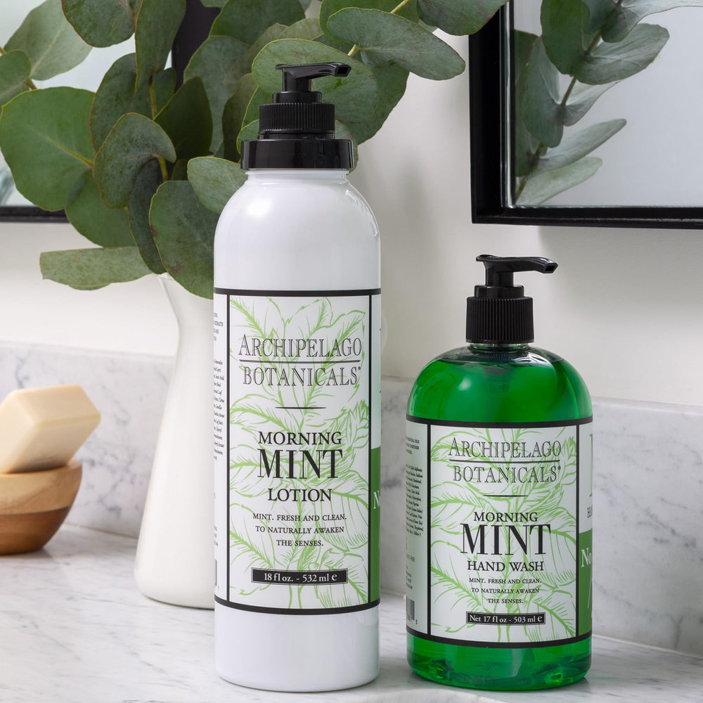 Archipelago Botanicals Morning Mint Lotion label highlights cruelty-free formulation for mindful skincare
