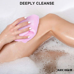 ARCH&M exfoliating washcloth close-up with ultra-fine mesh for spa-like exfoliation.