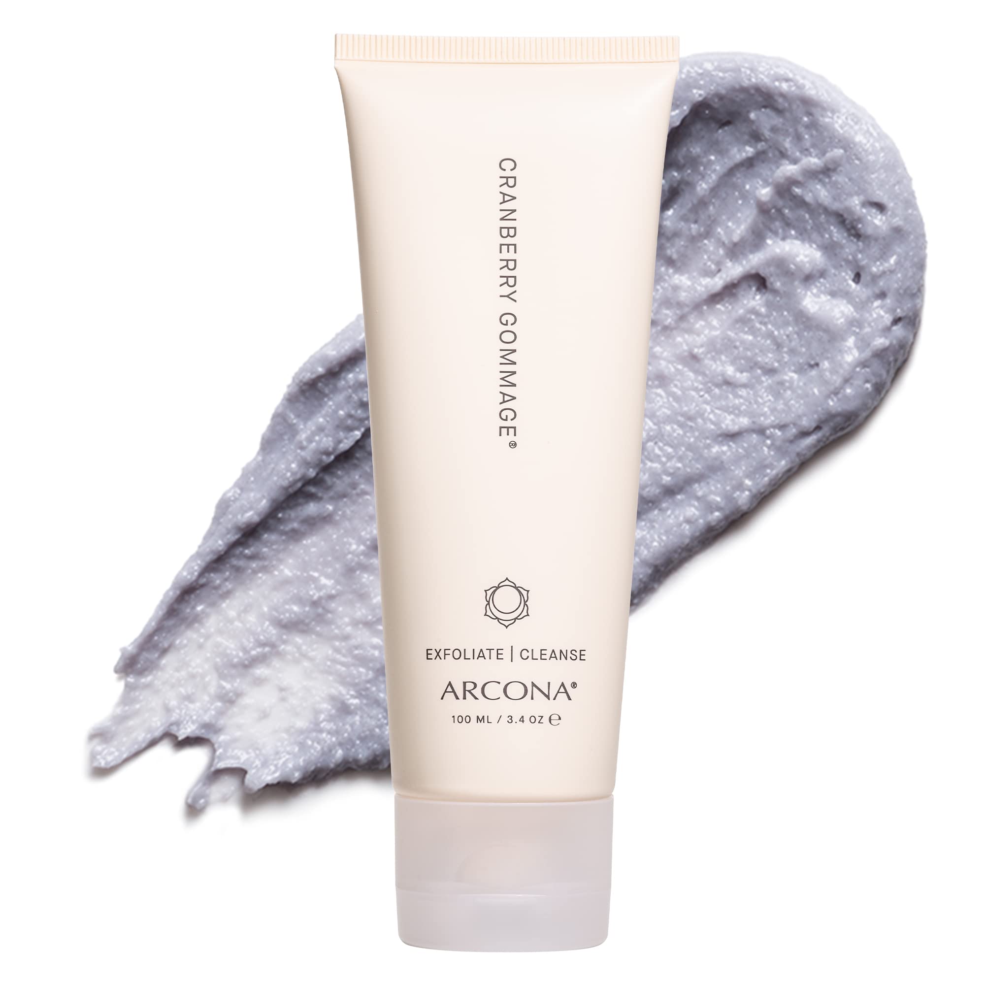 ARCONA Cranberry Gommage jar closeup highlighting purifying exfoliant for polished, radiant skin.