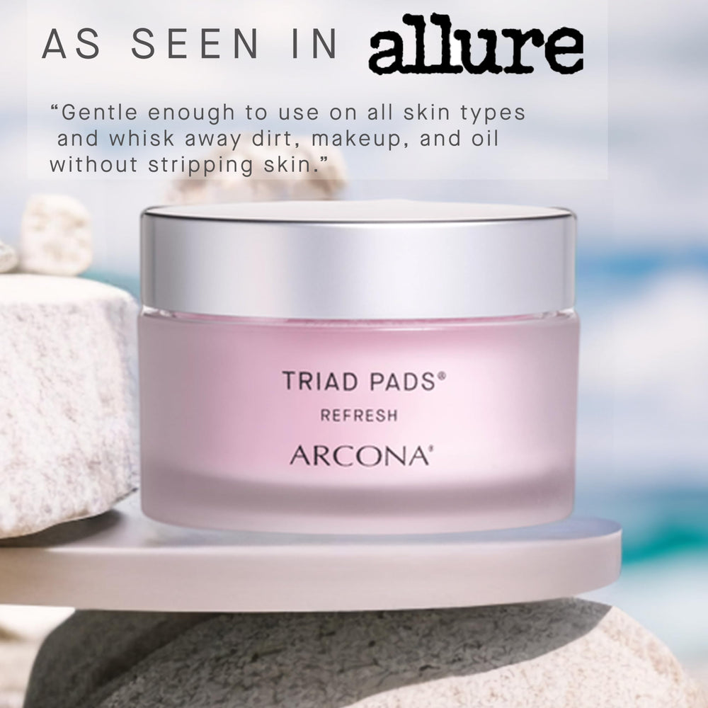 ARCONA Triad Pads packaging front emphasizes USA-made formula for radiant complexion.