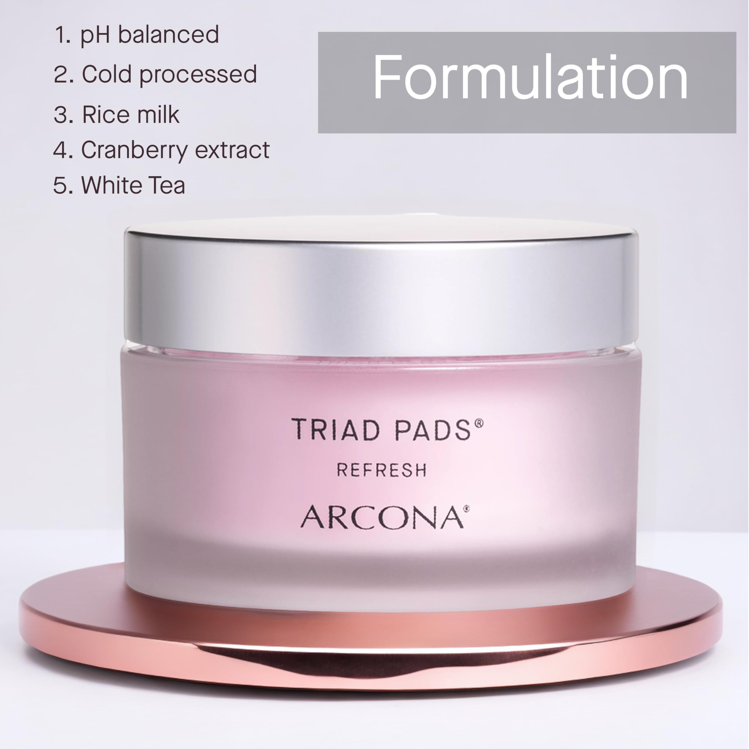 ARCONA Triad Pads rice extract detail showcases moisture-boosting rice extract.